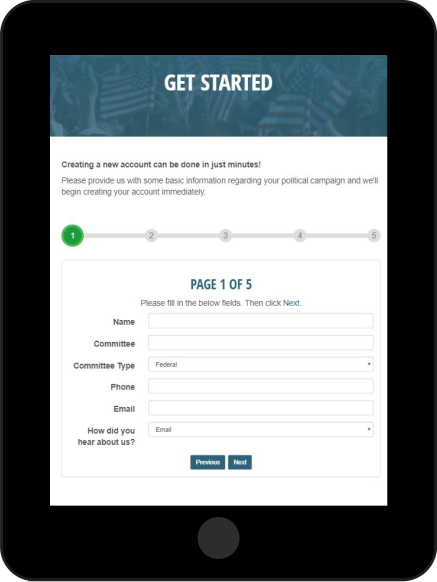 Signup form used to create merchant account to accept and process campaign payment contributions
